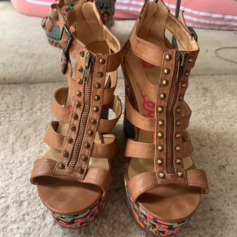 Brown and colorful wedges and zippers